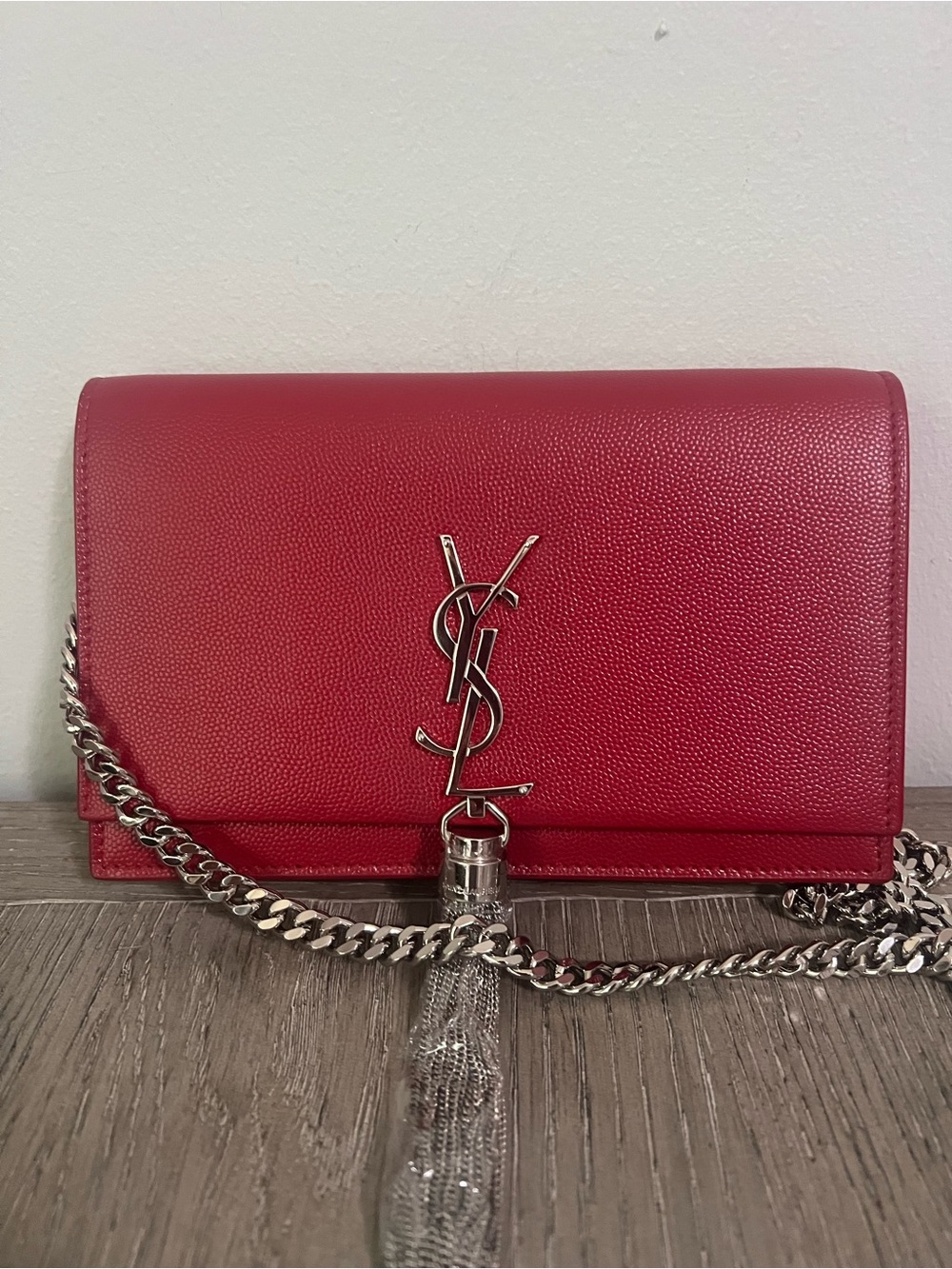 Saint Laurent YSL Red Leather Wallet on chain with tassel Silver Hardware